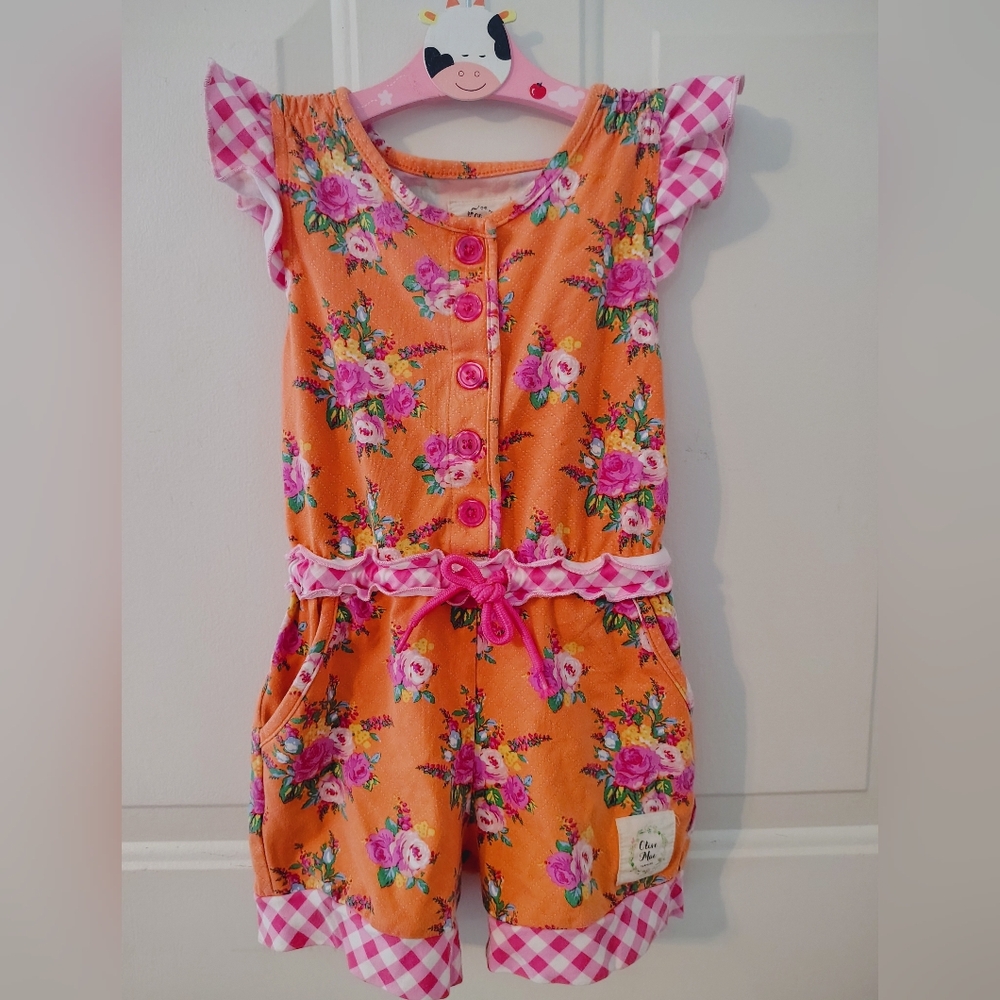 Olive Mae 2t orange pink floral romper jumpsuit outfit checkered short sleeve